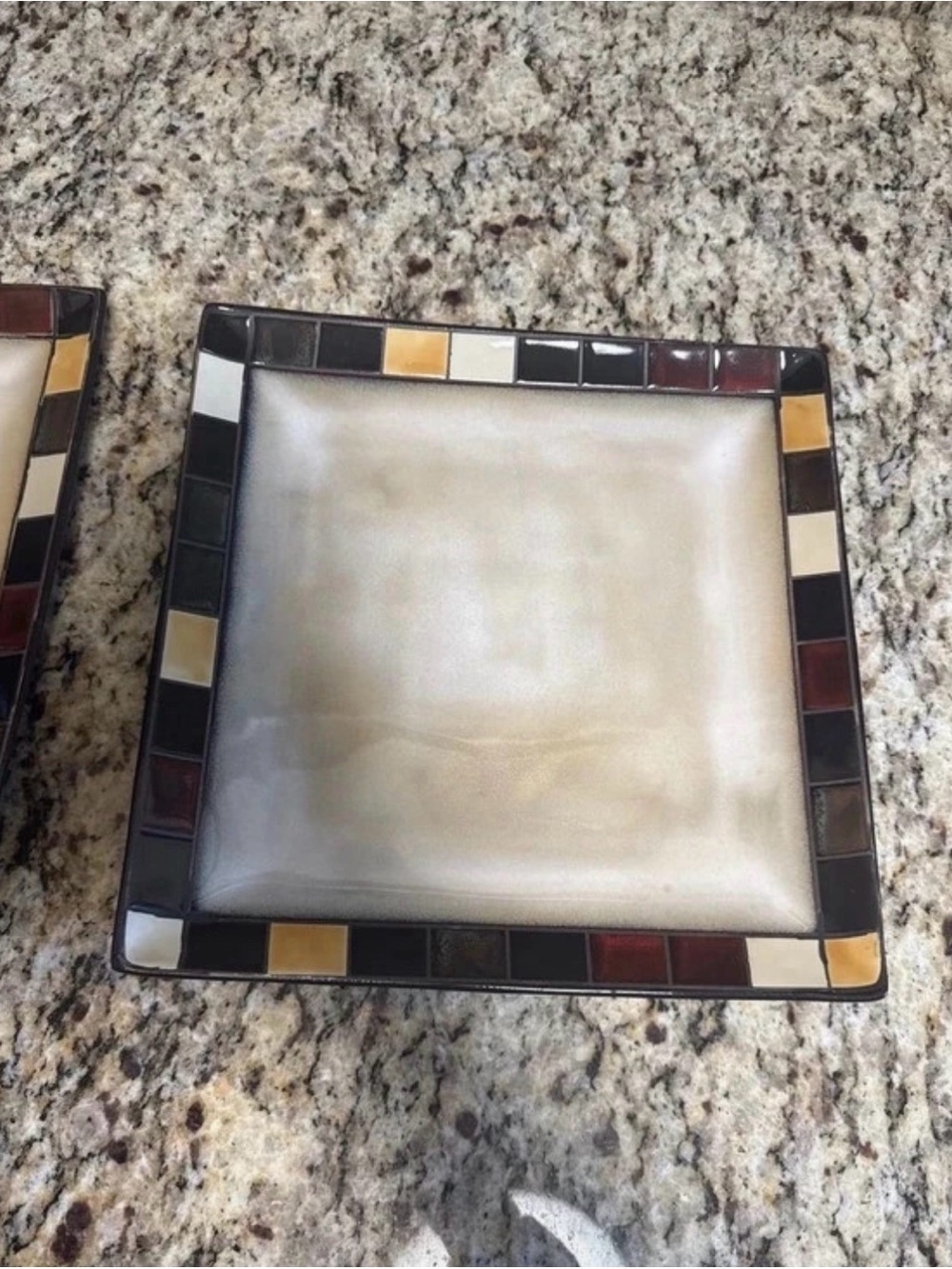 Decorative Square Serving Plate in Cream with Multicolor Mosaic Border